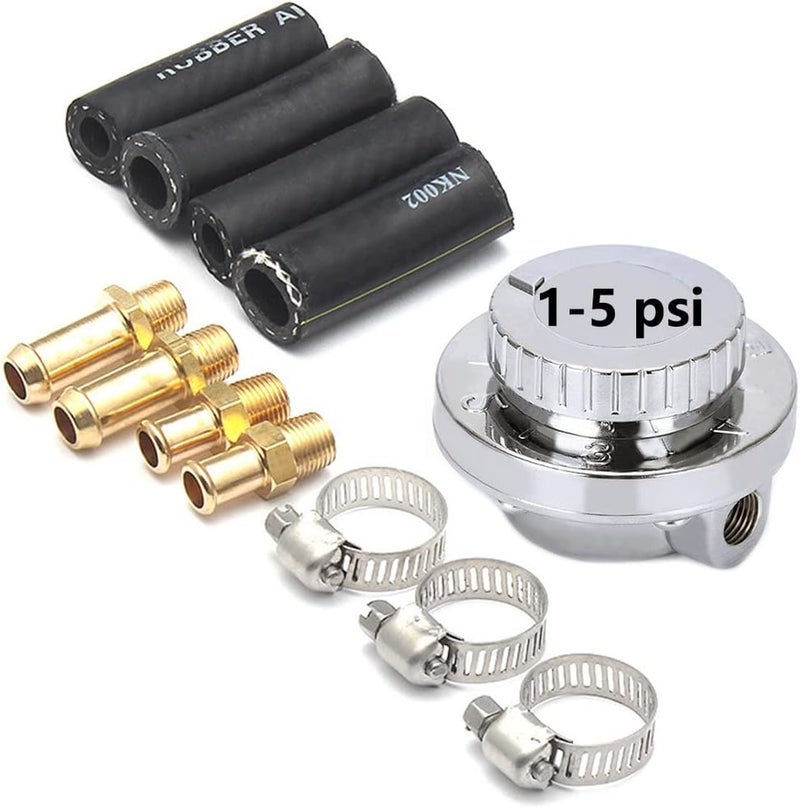HTRACING 1-5 PSI Fuel Pressure Regulator Adjustable Manual Universal for Carburetor Carb Zinc Alloy FPR with 8MM 10MM (5/16" 3/8") Hose Fittings - Image 1